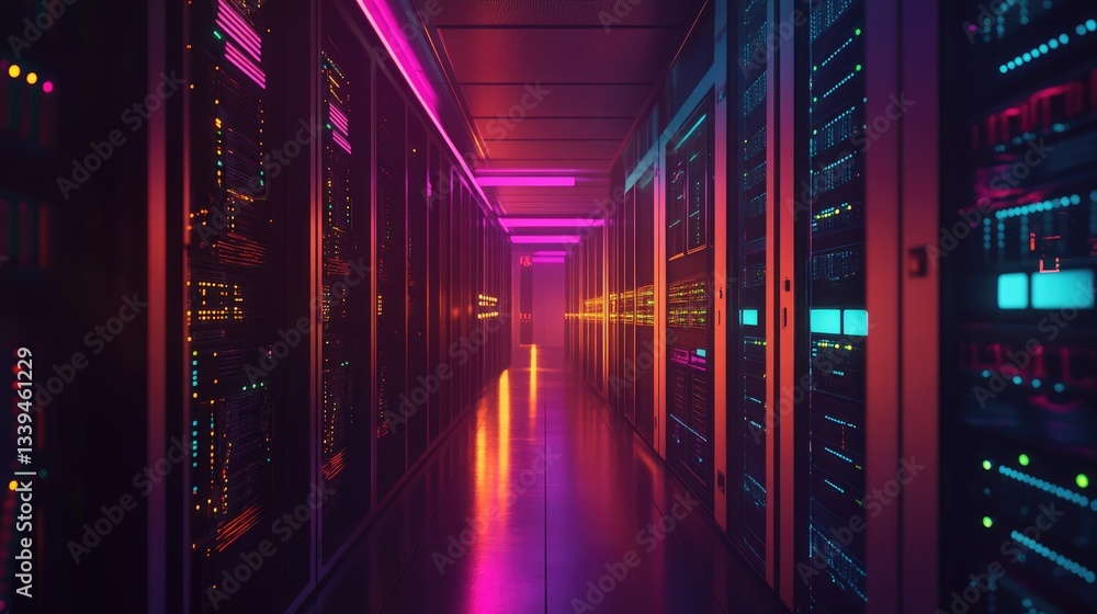 Poster a futuristic d rendering of interconnected server racks in a data center.