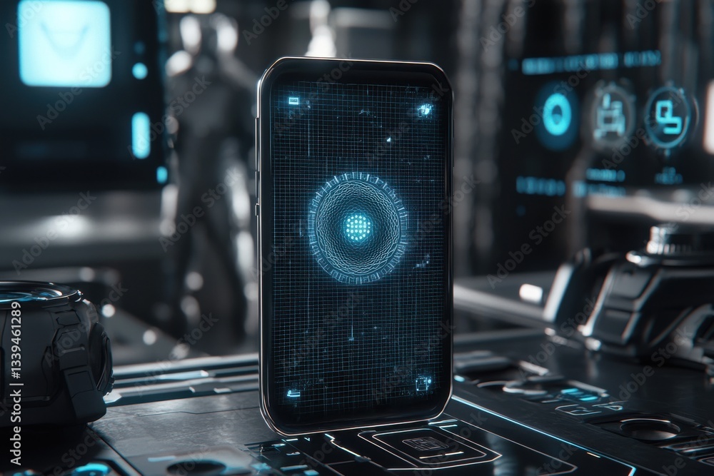 Poster a futuristic smartphone with a glowing interface displaying complex data analysis and a modern desig