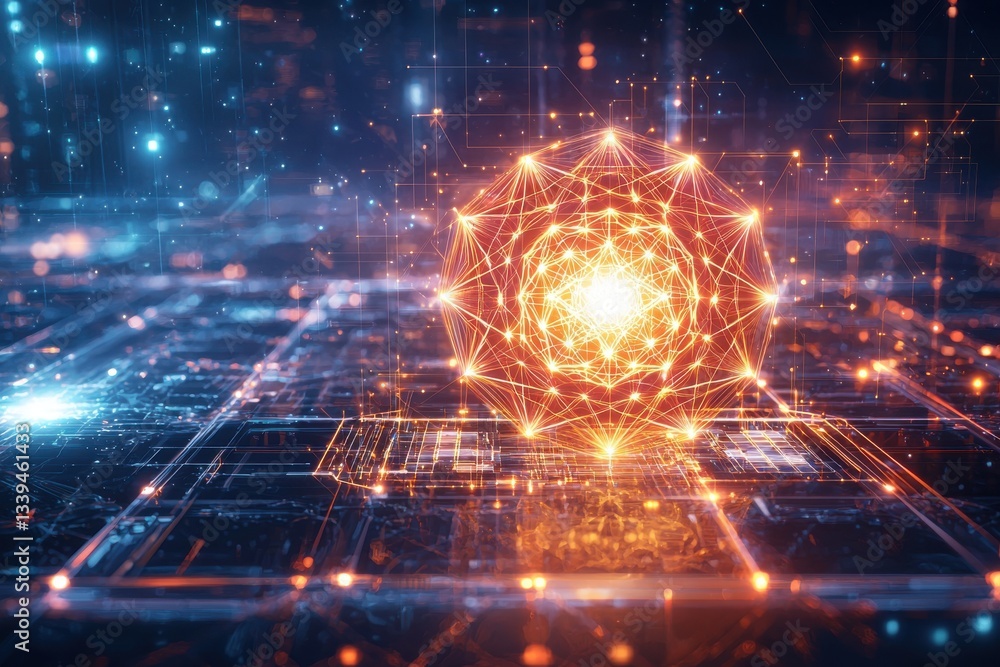 Poster a mesmerizing abstract representation of digital connectivity, featuring a glowing sphere of interco