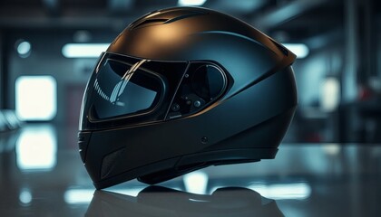 Fototapeta premium Black Motorcycle Helmet Close Up in Modern Studio Lighting Reflective Visor