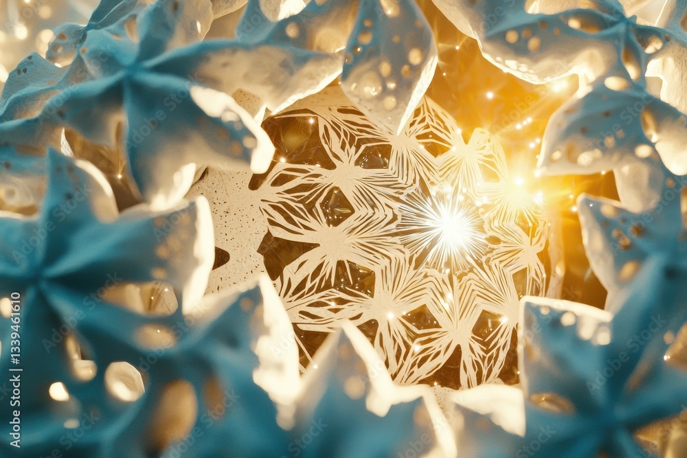 Poster an ethereal star-shaped fractal surrounded by abstract floral shapes, illuminated by a central glowi