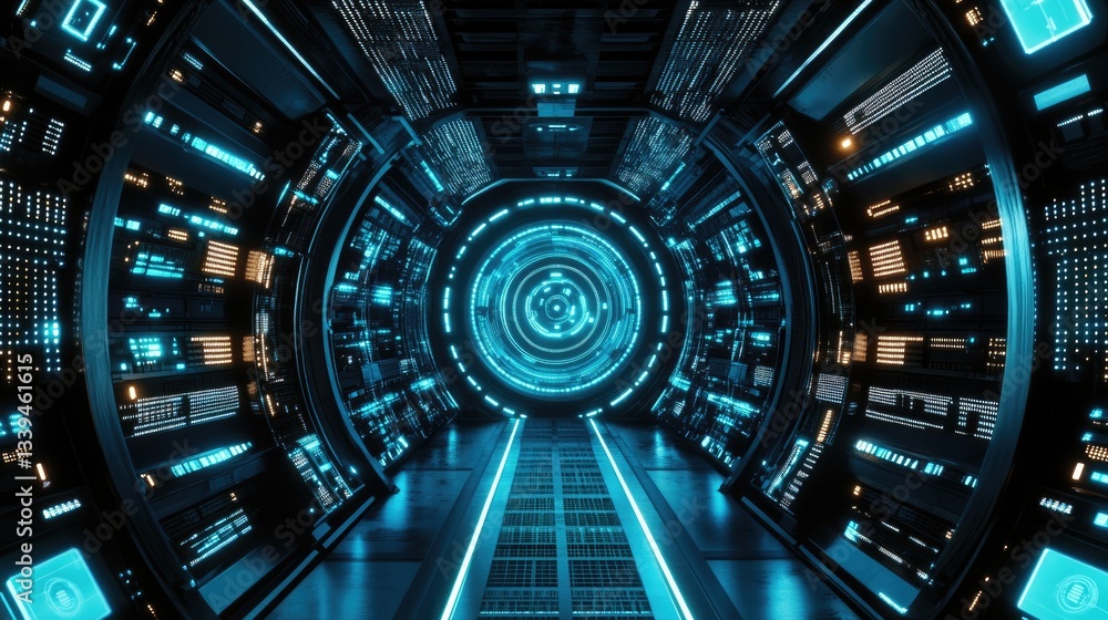 Poster a futuristic ai-powered networking system analyzing real-time data packets.