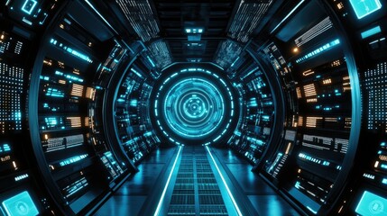 A futuristic AI-powered networking system analyzing real-time data packets.