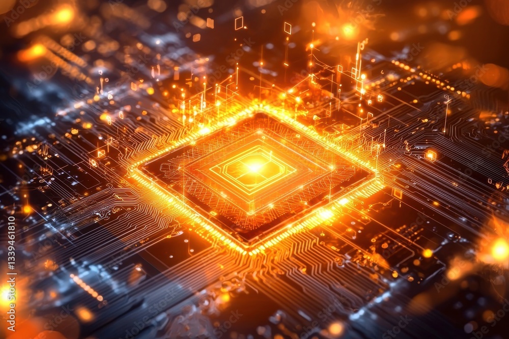 Poster bright orange futuristic cpu on a complex circuit board with glowing connections, creating a visuall