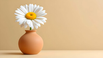 Single Daisy in Terracotta Vase: Minimalist Charm on Beige Canvas