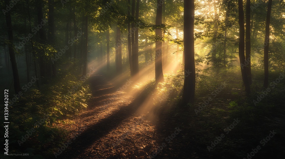 Poster sunbeams illuminate a misty forest path at dawn.