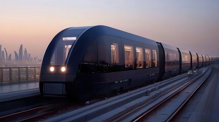 Fototapeta premium A sleek, modern train glides through an urban landscape at dusk, showcasing a blend of technology and design against a city backdrop.