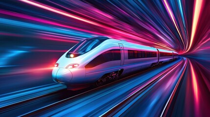 Fototapeta premium A futuristic train speeds through a vibrant tunnel of light, showcasing motion and technology with vivid colors.