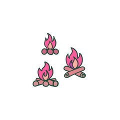 Pink red Minimalistic Isolated Seamless icon vector style pattern set and pack of bonfire adventure trip on white background colourful wallpaper paper wrap with journey items bags bag, map and planes