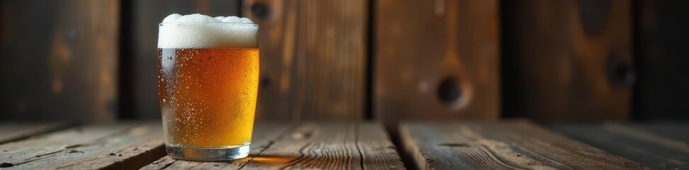 Frosty beer glass, condensation, rustic wood background, brown, pub, drinkware