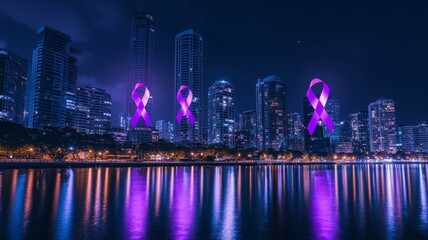 Fototapeta premium Purple Ribbons Illuminate Cityscape Nighttime View
