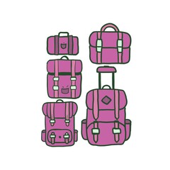 pink Minimalistic Isolated Seamless icon vector style pattern set and pack of bags baggage luggage adventure trip on white background colourful wallpaper paper wrap with journey items bags bag