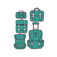 Cyan Minimalistic Isolated Seamless icon vector style pattern set and pack of bags baggage luggage adventure trip on white background colourful wallpaper paper wrap with journey items bags bag