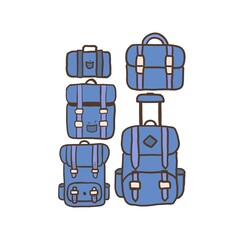 Blue Minimalistic Isolated Seamless icon vector style pattern set and pack of bags baggage luggage adventure trip on white background colourful wallpaper paper wrap with journey items bags bag