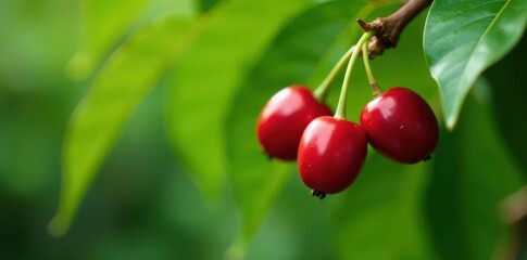 Green to red Arabica coffee cherries ripening on branch, close-up, branch, tropical