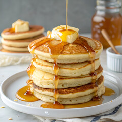 stack of pancakes with honey