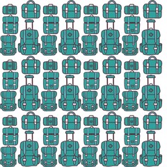 Cyan Minimalistic Isolated Seamless icon vector style pattern set and pack of bags baggage luggage adventure trip on white background colourful wallpaper paper wrap with journey items bags bag