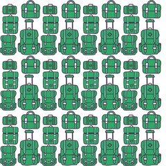 Green Minimalistic Isolated Seamless icon vector style pattern set and pack of bags baggage luggage adventure trip on white background colourful wallpaper paper wrap with journey items bags bag