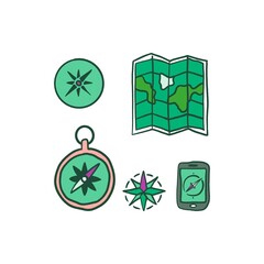 Green Minimalistic Isolated Seamless icon vector style pattern set and pack of adventure gear trip on white background colourful wallpaper paper wrap with journey items bags bag, map and planes