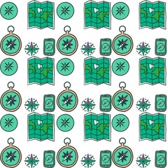 Green Minimalistic Isolated Seamless icon vector style pattern set and pack of adventure gear trip on white background colourful wallpaper paper wrap with journey items bags bag, map and planes