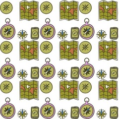 Muddy green Minimalistic Isolated Seamless icon vector style pattern set and pack of adventure gear trip on white background colourful wallpaper paper wrap with journey items bags bag, map and planes