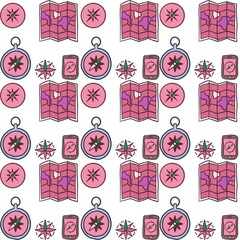 Pink Minimalistic Isolated Seamless icon vector style pattern set and pack of adventure gear trip on white background colourful wallpaper paper wrap with journey items bags bag, map and planes