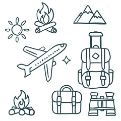 Minimalistic Isolated Seamless black and white icon vector style pattern set and pack of adventure trip on white background colourful wallpaper paper wrap with journey items bags bag, map and planes