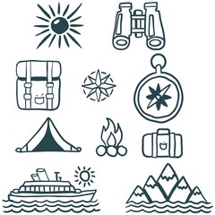 Minimalistic Isolated Seamless black and white icon vector style pattern set and pack of adventure trip on white background colourful wallpaper paper wrap with journey items bags bag, map and planes