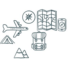 Minimalistic Isolated Seamless black and white icon vector style pattern set and pack of adventure trip on white background colourful wallpaper paper wrap with journey items bags bag, map and planes