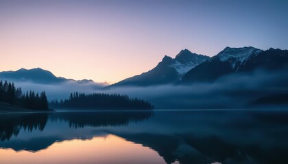 Obraz premium Misty dawn light reflects on still Swiftcurrent Lake, mountain silhouettes loom, sunrise, tranquil