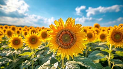 Obraz premium Sunflower Field Blooms Under Sunny Skies, Summer Day at Agricultural Farm Landscape