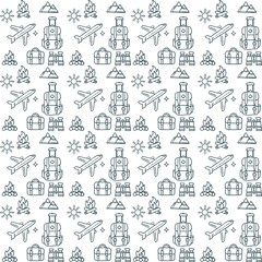 Minimalistic Isolated Seamless black and white icon vector style pattern set and pack of adventure trip on white background colourful wallpaper paper wrap with journey items bags bag, map and planes