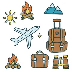 Minimalistic Isolated Seamless icon vector style pattern set and pack of adventure gear transport trip on white background colourful wallpaper paper wrap with journey items bags bag, map and planes