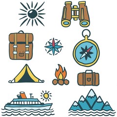 Minimalistic Isolated Seamless icon vector style pattern set and pack of adventure gear transport trip on white background colourful wallpaper paper wrap with journey items bags bag, map and planes