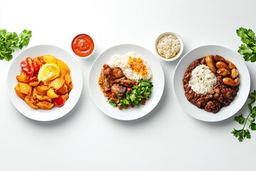Three different plates of cooked food with rice and vegetables