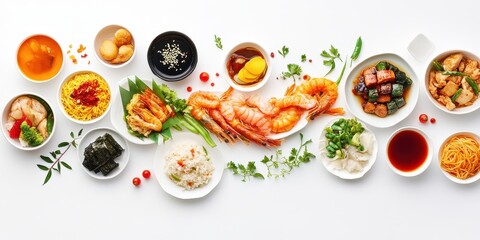 An overhead flat lay arrangement of various dishes on a table