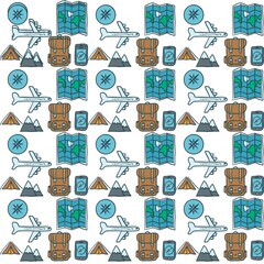 Minimalistic Isolated Seamless icon vector style pattern set and pack of adventure trip on white background colourful wallpaper paper wrap with journey items bags bag, map and planes