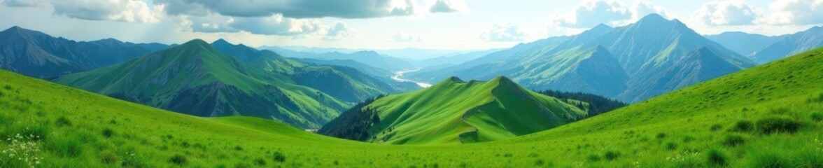 Obraz premium Rolling green hills, towering rocky mountains , beautiful, backdrop, Swiss Alps