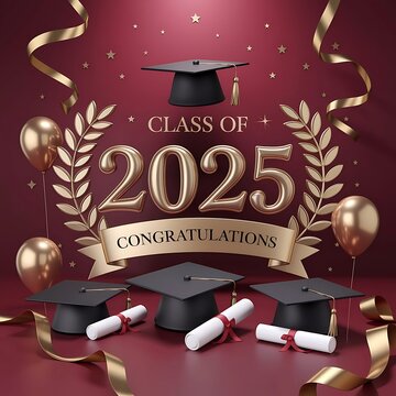 Class of 2025 golden graduation theme featuring black mortarboards, diplomas, elegant banner, laurel wreath, balloons, and festive gold elements, ideal for greeting cards, event flyers and certificate