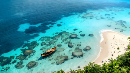 Fototapeta premium Tropical Beach with Clear Blue Water, Palm Trees, and a Wooden Boat