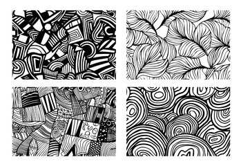 set of four abstract patterns, black and white vector, hand-drawn line backgrounds for design