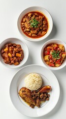 A photograph showing multiple dishes of prepared food on a white table