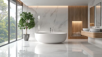 Luxurious bathroom boasting a marble floor, a freestanding bathtub, and minimalist design