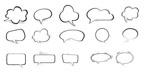 Fototapeta premium A set of vintage-style comic speech bubbles featuring hand-drawn outlines and classic halftone shading. Perfect for comic books, manga, cartoons, and pop art projects.