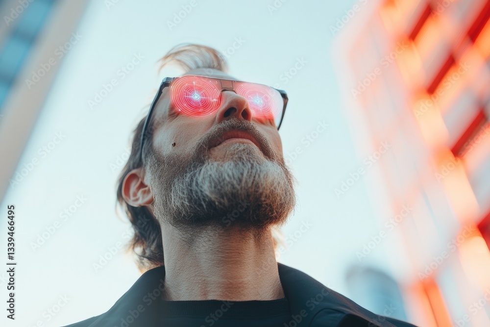 Poster portrait of futuristic visionary with ai-powered retinal enhancements scanning deep learning hologra