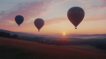 Naklejka premium Balloons Soar Over European Countryside at Sunrise in a Dreamy Landscape