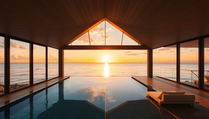 Ultra luxury ocean view beach house with a beautiful golden sunset. Modern architecture concept with a large pool for an amazing vacation () , with white tonespng