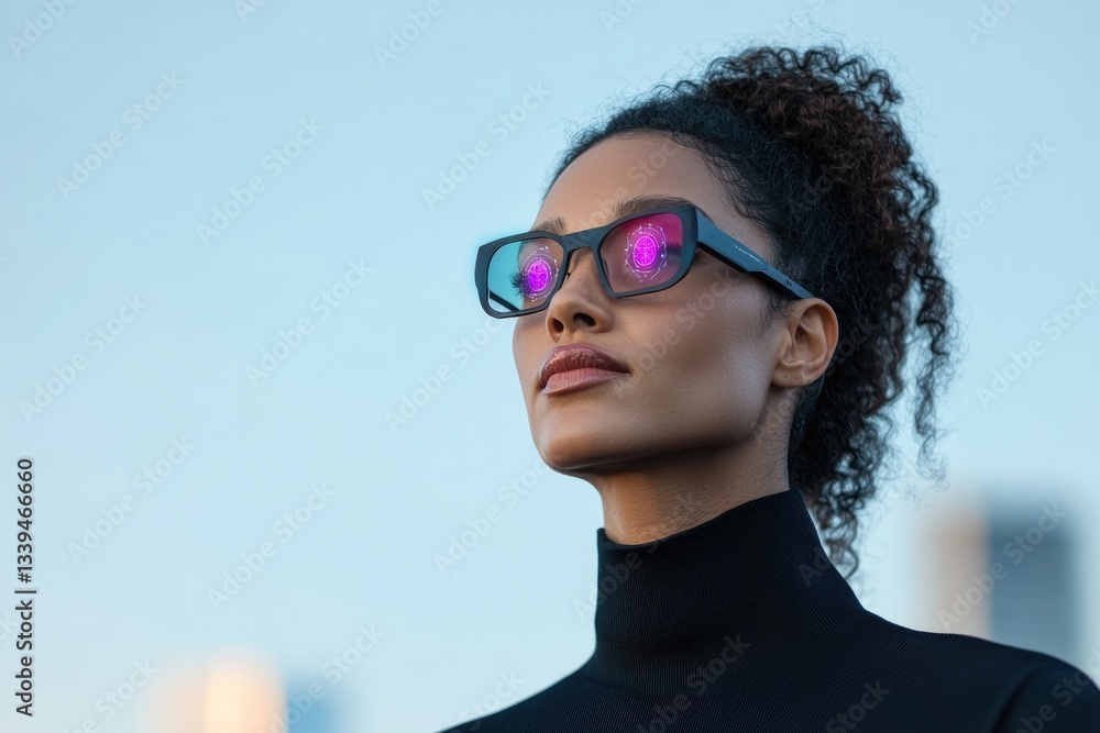 Poster portrait of futuristic visionary with ai-powered retinal enhancements scanning deep learning hologra
