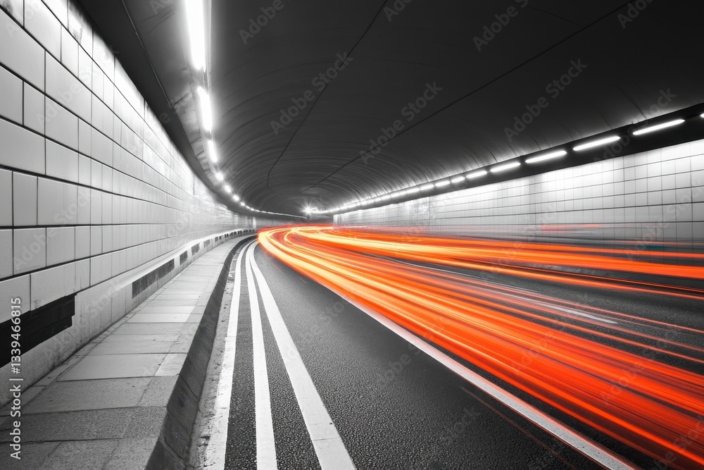 Poster dynamic motion in urban tunnel capturing speed and energy with long exposure light trails on asphalt