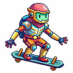 Pixel Art Astronaut Skateboarding Retro Futuristic Space Adventure